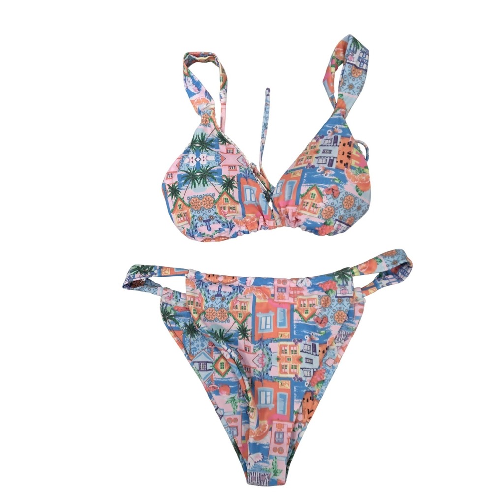 Tropical Village Print Bikini Set‎ Pink Blue XL Two Piece Swimsuit